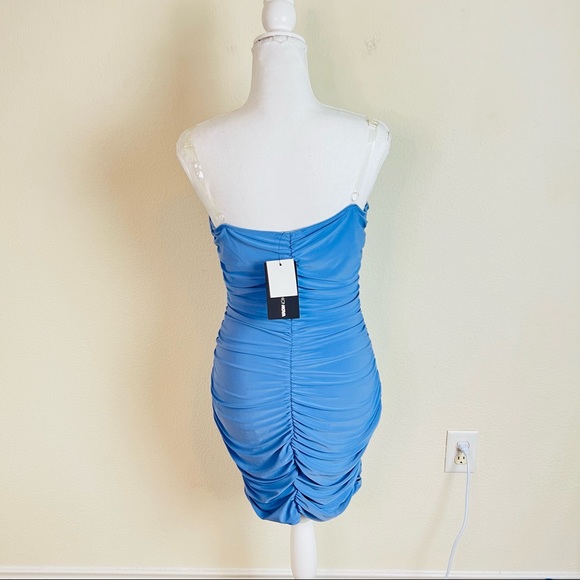 NWT Fashion Nova Baby Blue Ruched V-Neck Clear Strap Bodycon Mini Dress - Picture 2 of 8